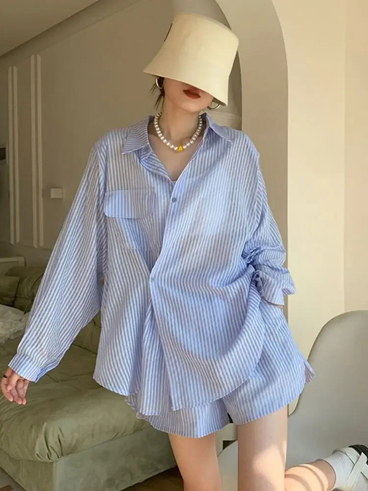 

Летние женские комплекты, солнцезащитные полосатые рубашки с длинными рукавами, широкие шорты, свободные корейские модные шорты для отдыха, Ins Chic Ulzzang Simple BF