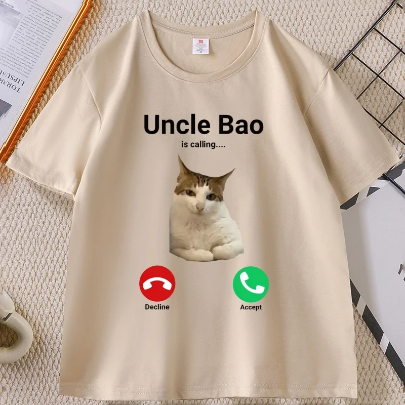 

Uncle Bao Is Calling Funny Cat T-Shirt Cool Cute Graphic Tee Men's Designer Humor Tshirts Cotton Short Sleeve Round Neck Tops