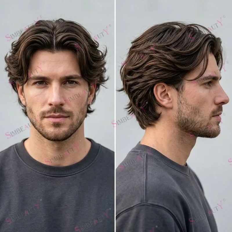 NPU Mono Base 100% Human Hair 30mm Wave European Man's Hair System Replacement Super Durable Light Brown Natural Hair Men Toupee