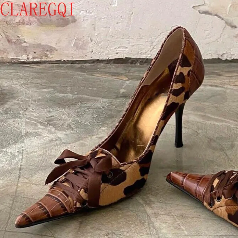 Fall Womens Shoes Small Group Of Sexy Hot Girls Leopard Shoes European And American Pointed Thin Heel Lace Up Pumps Shoes Women