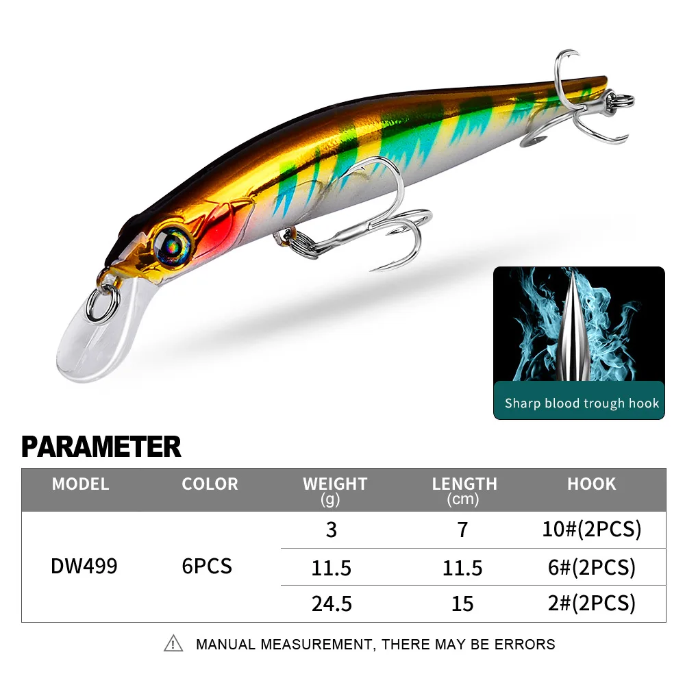 PROBEROS 1pcs Fishing Lure 3g-11.5g-24.5g Hard Artificial Minnow Lures 6 Color Crankbait Fishing Baits Treble hook dw499