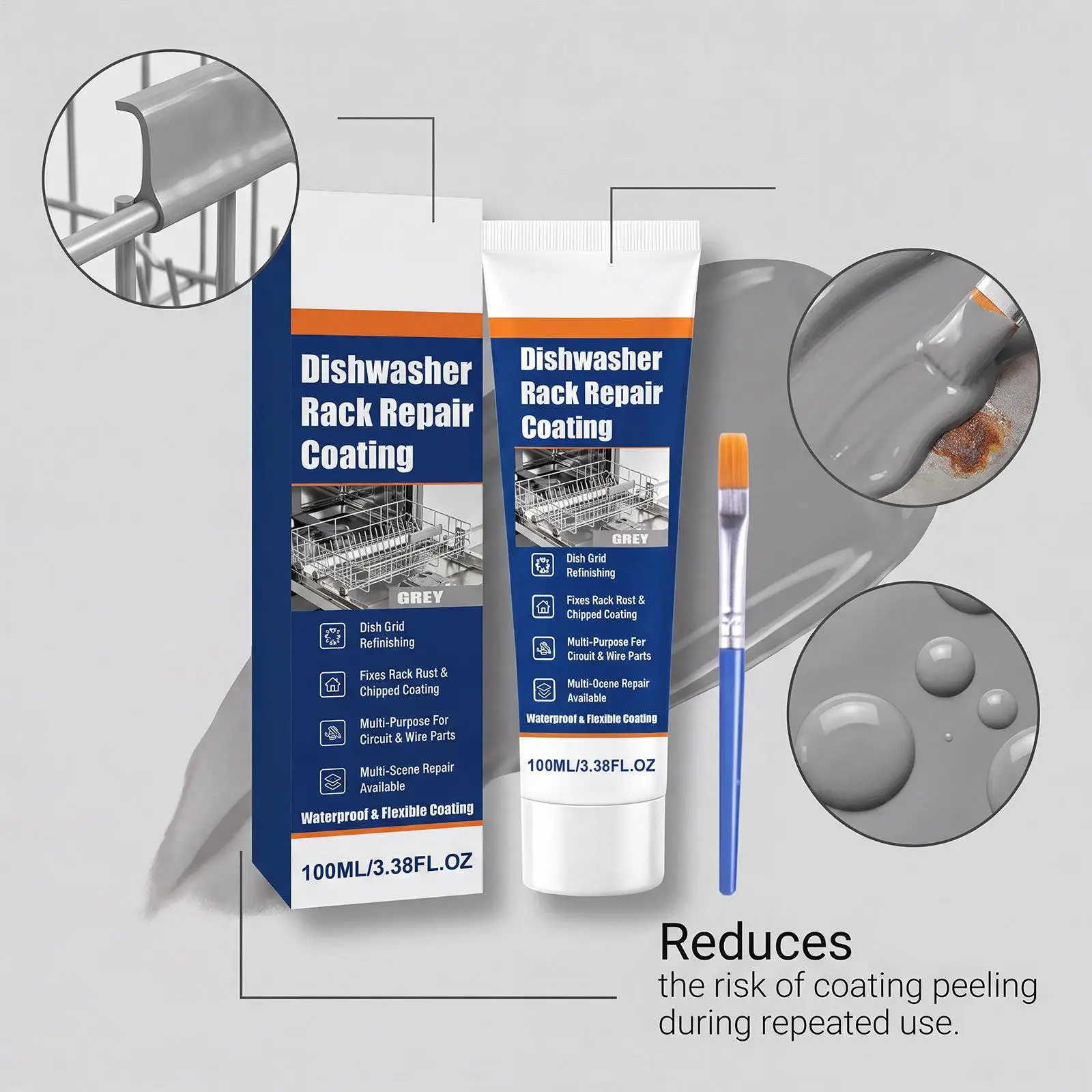 Dishwasher Rack Repair Kit 100ml Gray Waterproof Anti-Rust Adhesive Coating with Brush Vinyl Paint for Kitchen Rack Restoration