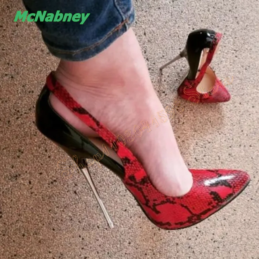 Décolleté sexy a punta Décolleté con tacco in ferro Scarpe da donna Scarpe con tacco alto in pelle con stampa serpente rosso Tacchi da festa 2024 Nuovi Zapatos Para Mujere