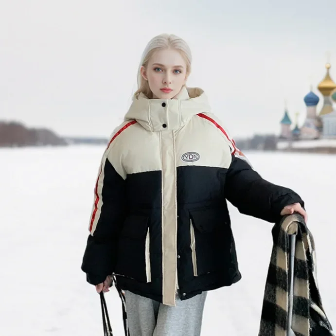 

2025 зимняя женская новая короткая хлопковая куртка, женская контрастная хлопковая парка с капюшоном, женская утепленная теплая одежда