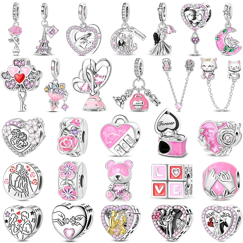 Silver Pink Love Series Bear Charms Beads Fit Original Bracelet Bag Keychain Earring Charm Bead Pendant Diy Women Jewelry Gift