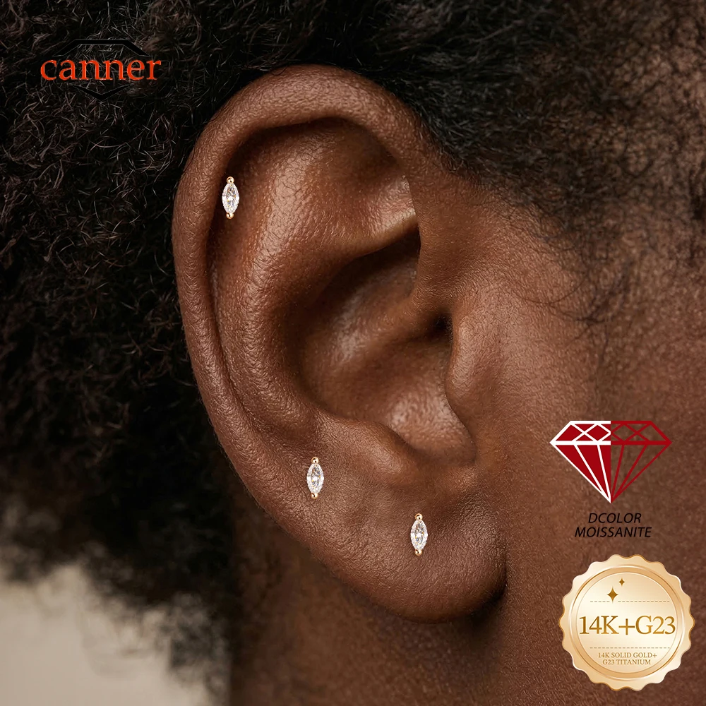 CANNER 1PC 14K Solid Gold Oval D Color Moissanite Threaded Flat Back Piercing Stud Earring Women Sparking Jewelry Party Gift