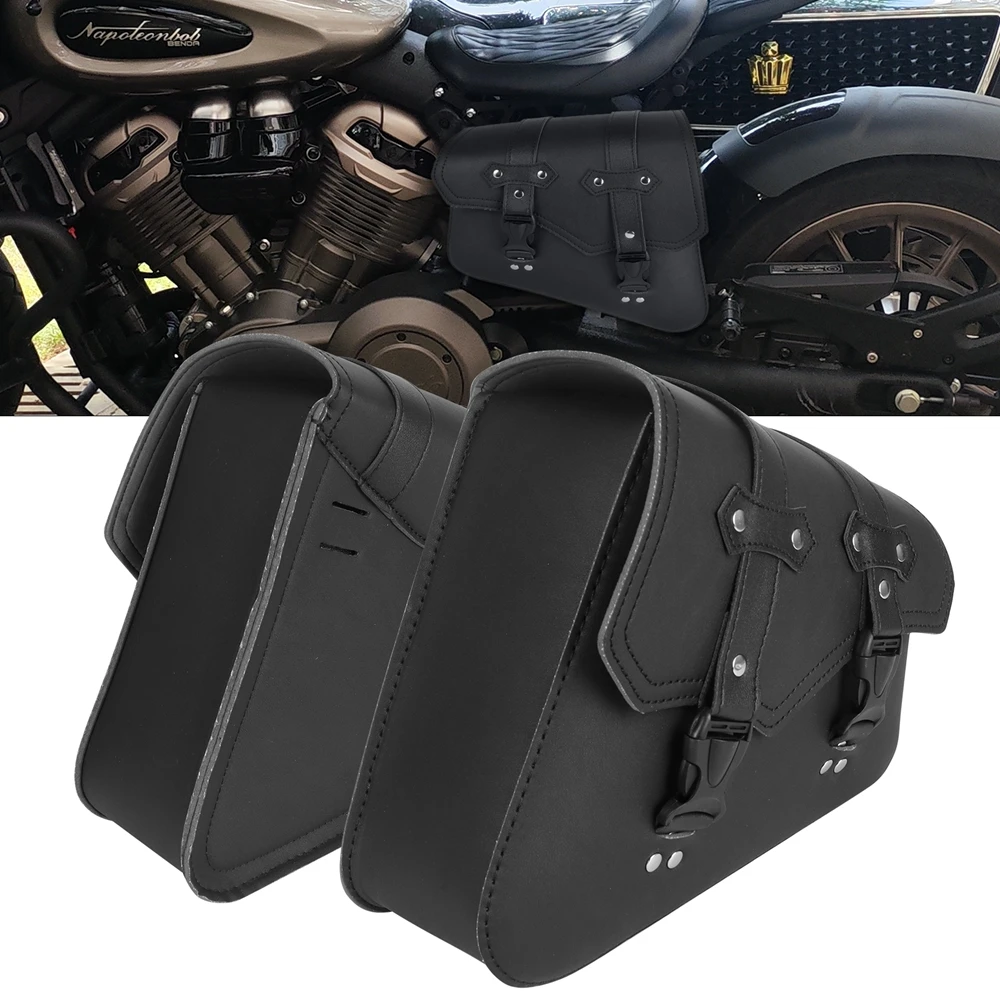 Universal Motorcycle Saddle Bags PU Leather Tool Bag w/Water Bottle Holder Cafe Racer Luggage Bag Waterproof For Cruiser Custom