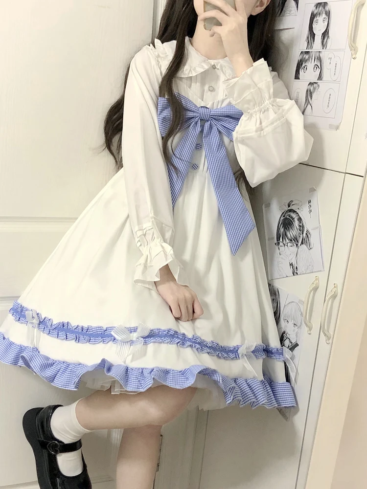 2025年夏新作セール　可愛いカレッジ風ブルーショートボウウエストマークキャミワンピース　白黒長袖シャツ