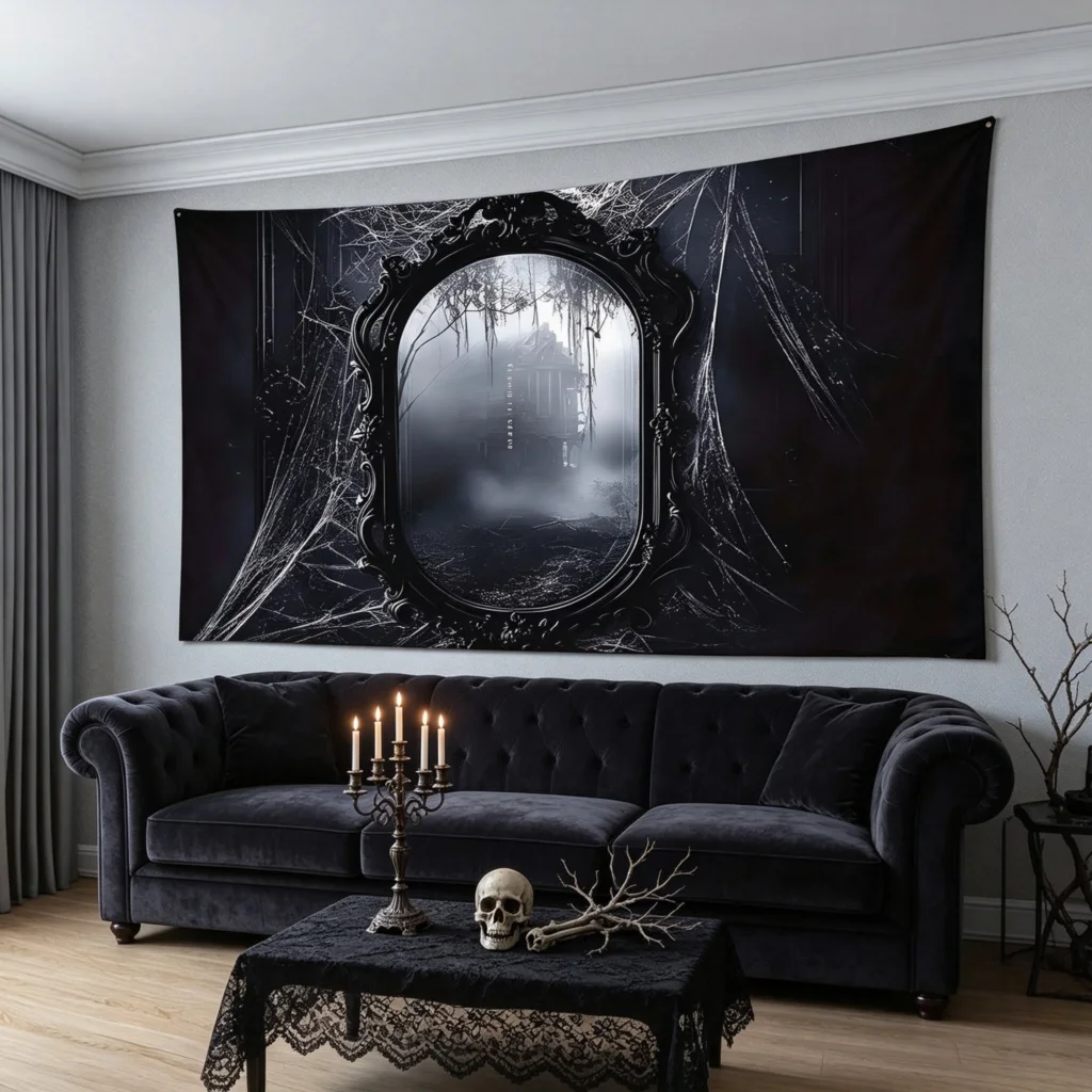 1PC Gothic Mirror Illusion Haunted House Print Backdrop Banner, Halloween Gothic, Bedroom Photo Background, Polyester Wall