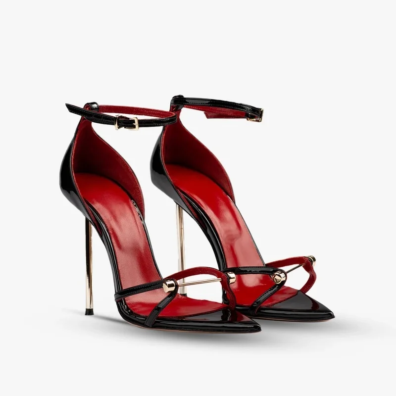 

2025 Summer Women's High-Heel Slingback Sandals Pointed-Toe Metal Decorations Ankle Strap Sexy Style Banquet Nightclub Shoes