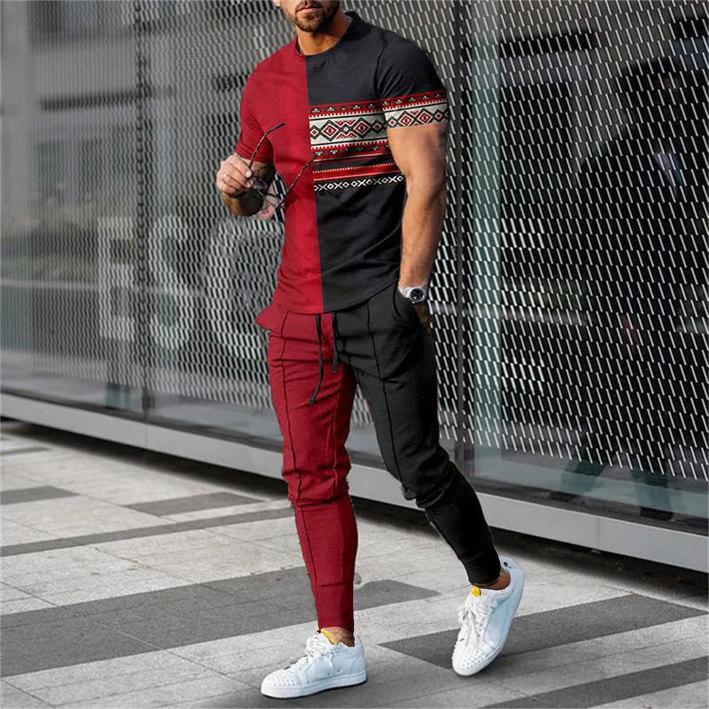 2024 Fashion Men Tshirt Suit Tracksuit 3D Printed Sportswear Short Sleeve T-shirt Long Pants Streetwear 2 Piece Set Male Clothes