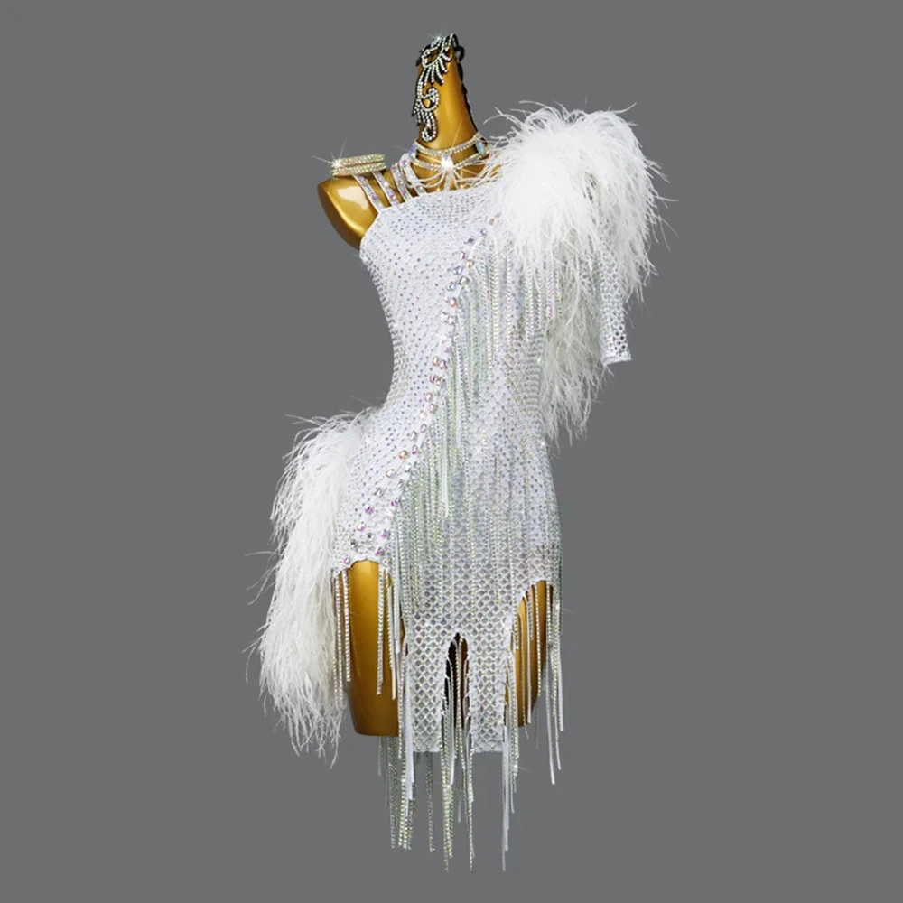 

Платье для латинских танцев, танцевальная одежда для девочек, костюм с перьями, женский сценический наряд, одежда для бальных танцев 2025 года, элегантный вечерний костюм для выпускного вечера для взрослых