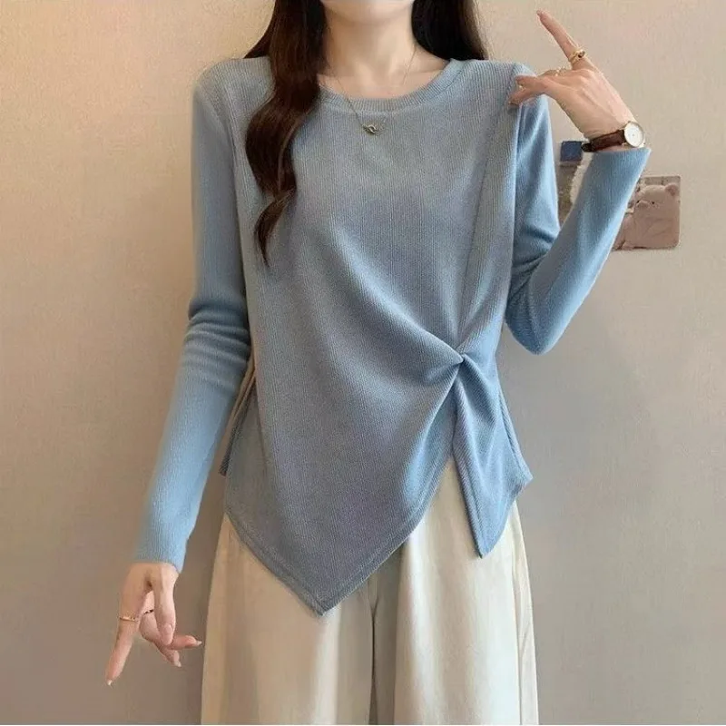 Women Long Sleeve T Shirt Twisted Irregular Hem Slim Fit Casual Tops