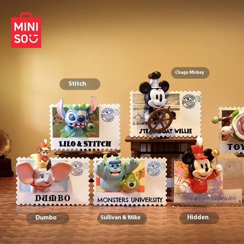 MINISO Disney Blind Box Disney Retro Stamp Series Mystery Box Kawaii Model Toy for Kids Holiday Gift Mickey Surprise Box Genuine