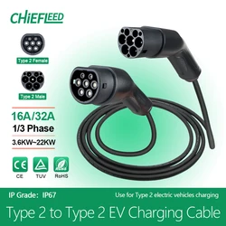 Chiefleed 16A/32A EV Charging Cable Type 2 22kw 3.5 4m Type2 to Type2 3Phase 200V-450V Use forType 2 Electric Vehicles Charging