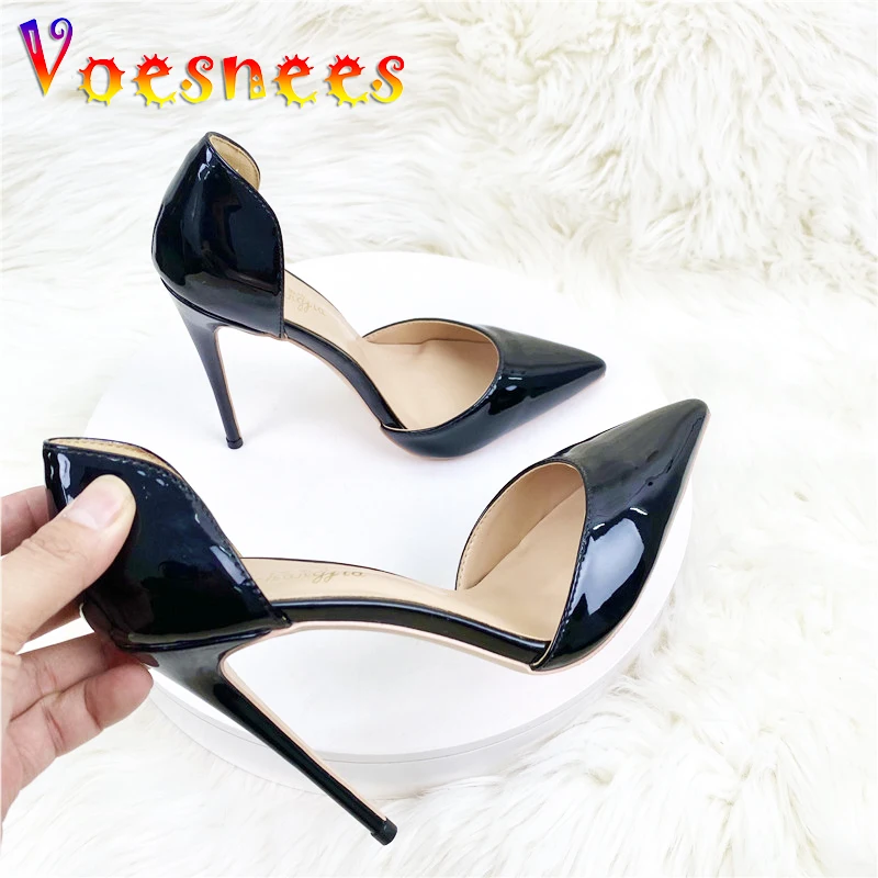 New Side Empty High Heels For The Summer Of 2023 12CM Pointed Slim Heel Sandals Black Lacquer Leather Workplace Women\'s Shoes