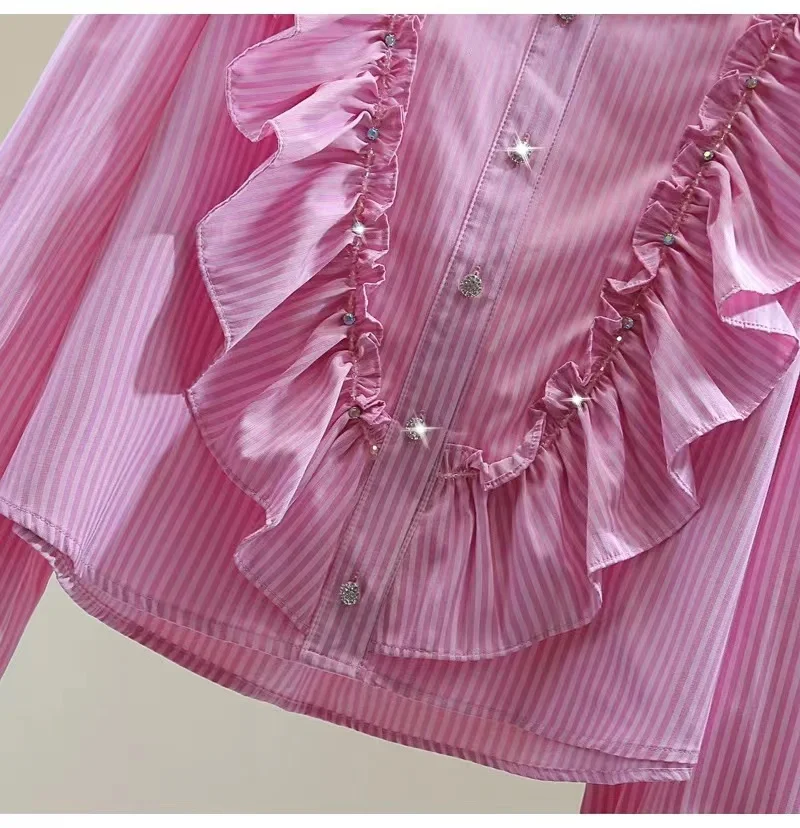 Luxury Style Diamonds Stitch Cotton Stripe Shirts For Women 2024 Autumn Single Breasted Pink Blouse Sweet Chic Top Blusas