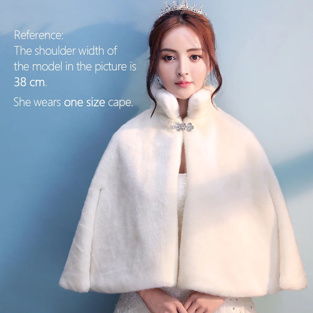 Women Ivory Faux Fur Wedding Bridal Cloak Winter Warm Evening Party Cape Bridesmaid Prom Bolero Jacket Mandarin Collar Coat