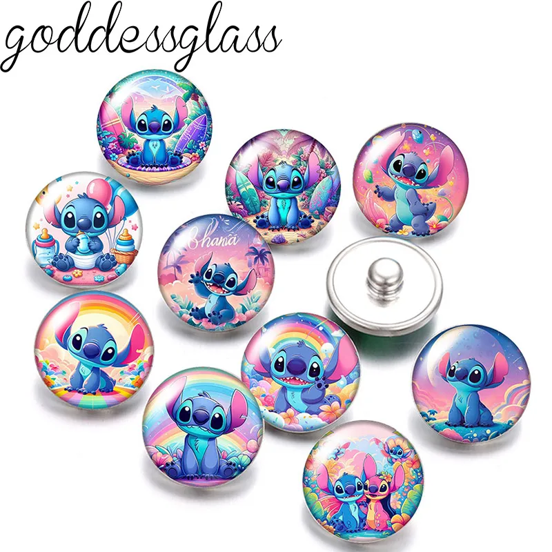 Disney Cute Stitch Cartoon 10pcs Round photo 12mm/18mm snap buttons for 12mm/18mm snap bracelets DIY jewelry