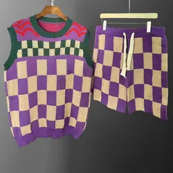 2023 Men Breathable Comfortable 2 Piece Set High Quality Contrast Stripe Knit Sleeveless Tank Top +Short Homme Camisetas Hombre