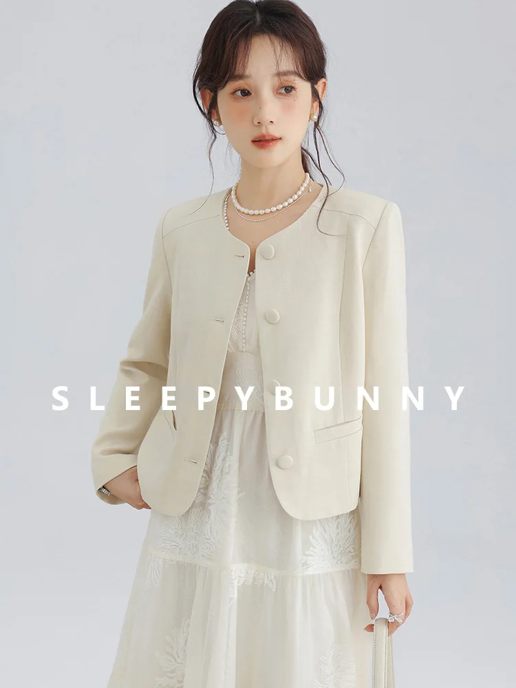 Elegant Chic Slim Short Blazer Jacket Women Round Neck Small Fragrance Style Outerwear Autumn Office Casual Outfit for Ladies