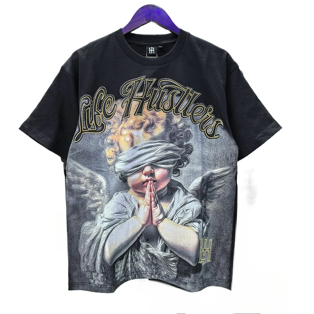 Camiseta Unissex de Manga Curta com Estampa de Anjo Life Hustlers, Estilo Casual Americano com Strass Termocolante