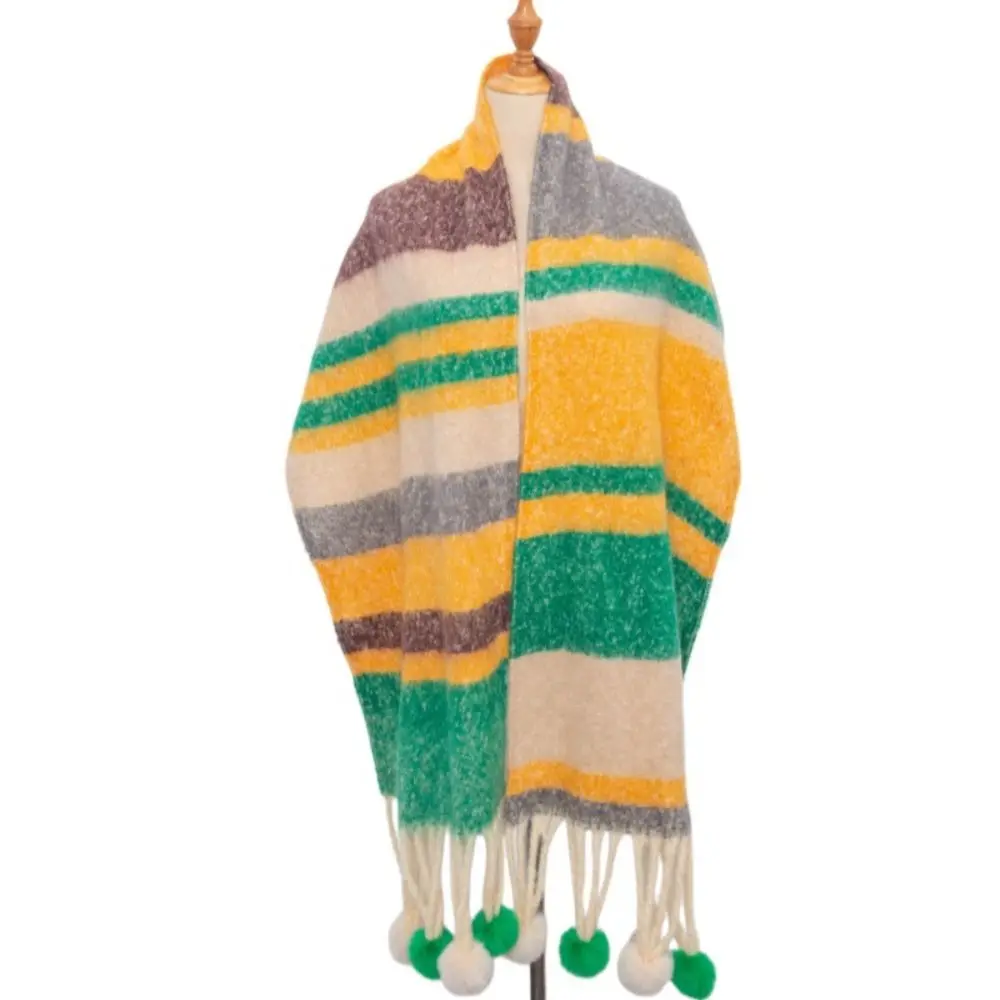 Retro Mohair Plaid Wool Scarf Rabbit Fur Ball Long Rainbow Tassel Shawl Thick Imitation Cashmere Women Cape Girl