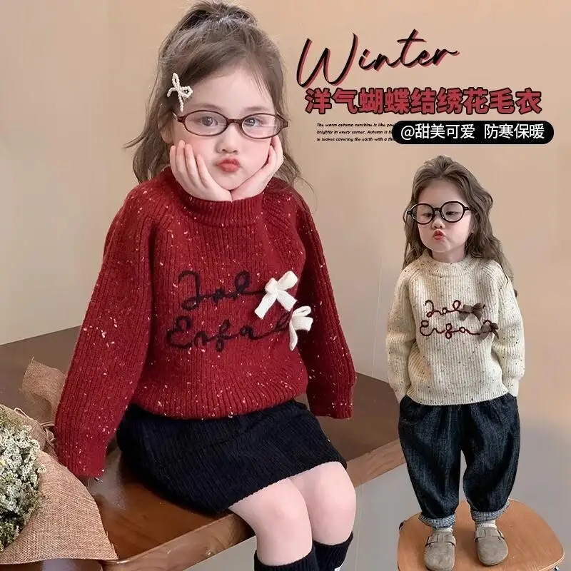 

2025 Girls Knitted Sweater Autumn Winter Cute Bow Pullover Round Neck Long Sleeved Tops Comfortable Children Clothing 4-8 Years