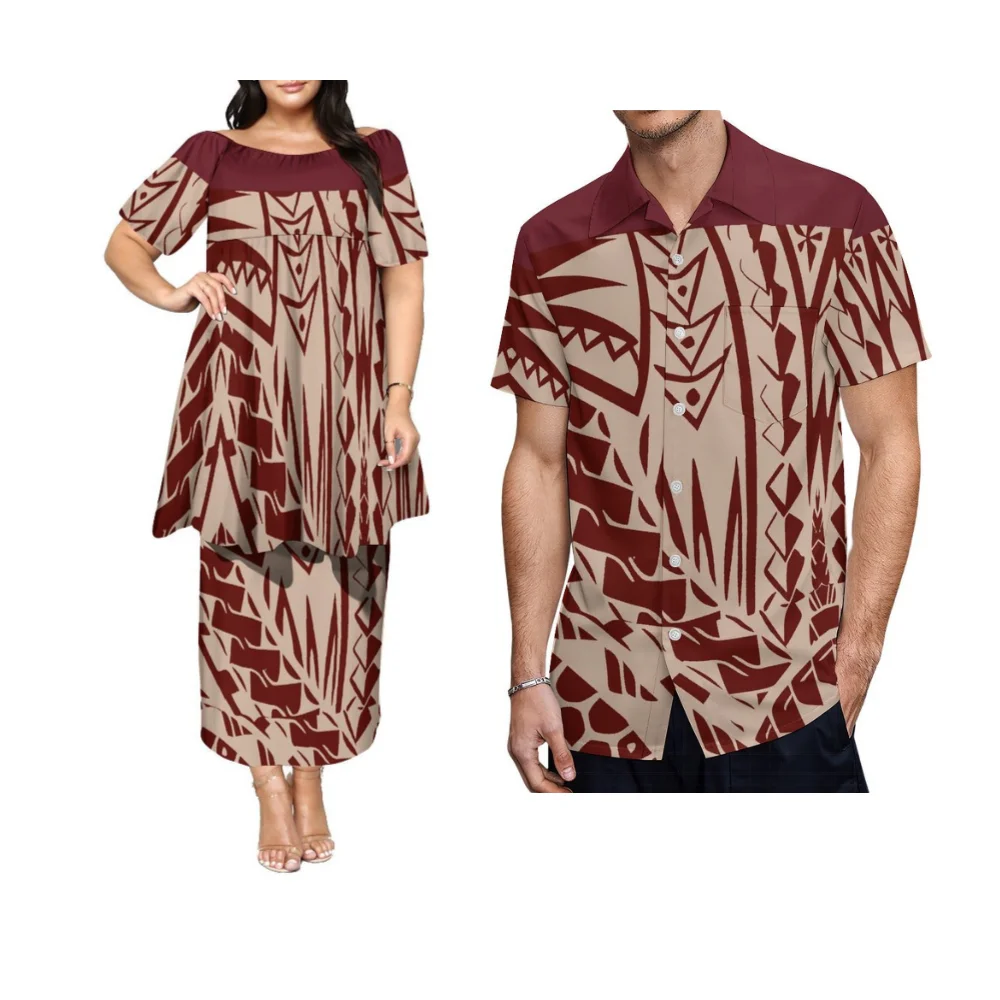 Casal verão feminino design tribal manga borboleta meados de manga saia dupla camada polinésia camisa casual masculina