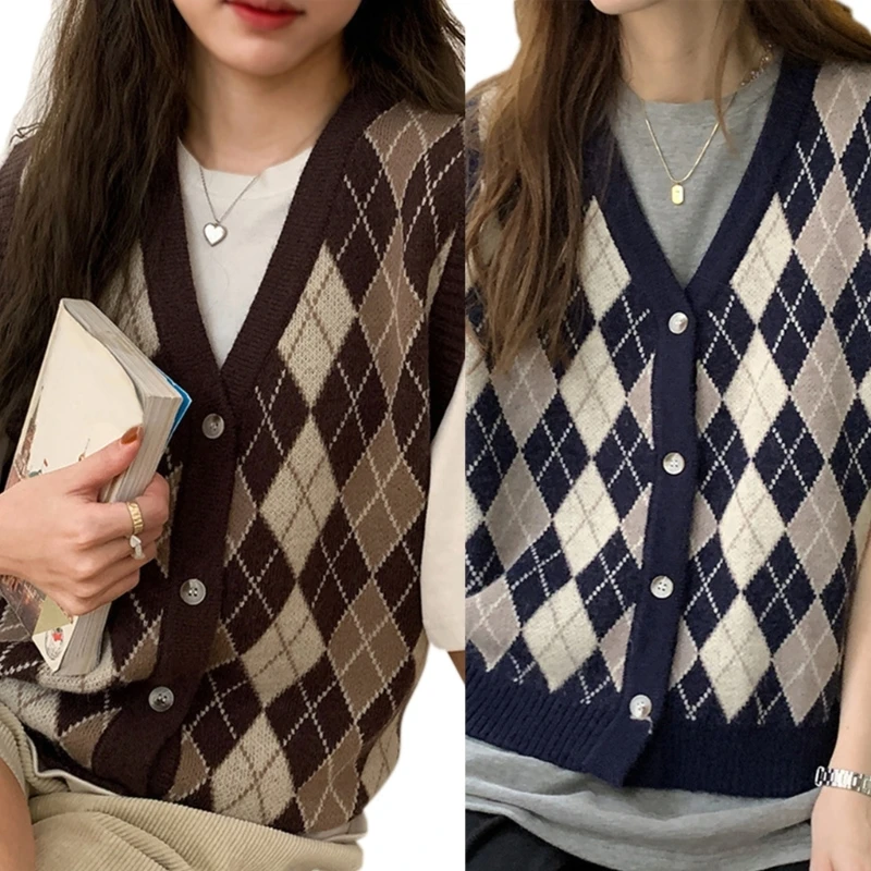 

Women V-Neck Sleeveless Sweater Vest Waistcoat Argyle Knit Button Up Outerwear P8DB