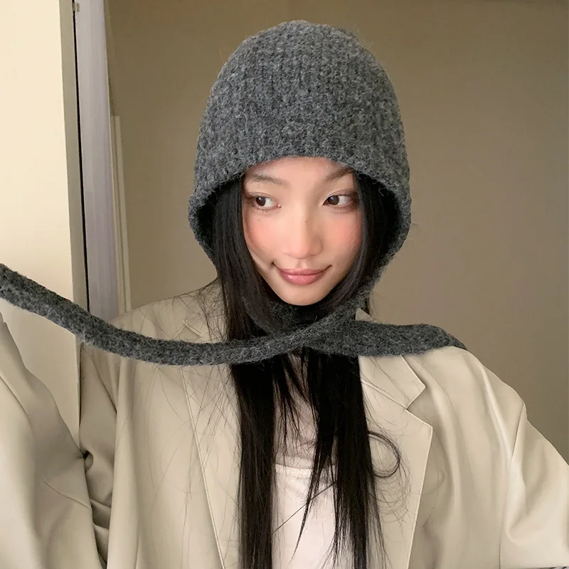 Koreanische, einfarbige, warme, dicke Pullover-Balaclava-Mütze für Herbst und Winter, Outdoor-Bombermütze mit Schnürung zum Schutz der Ohren für Damen – Detail 5