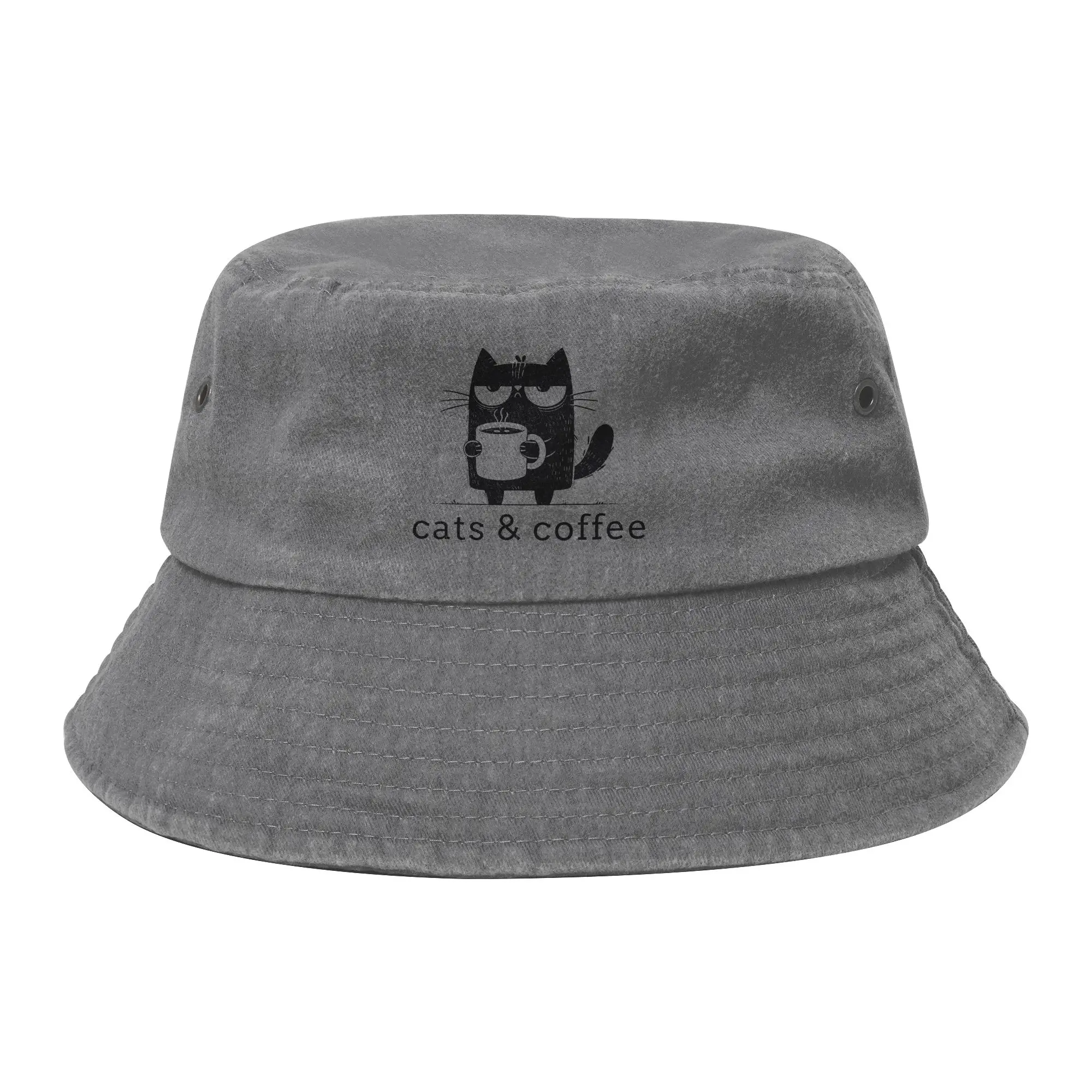 Men Women Distressed Washed Bucket Hat Cats Coffee Lover Vocation Headwear Outdoor Fisherman Cap Session Hats Birthday Gifts