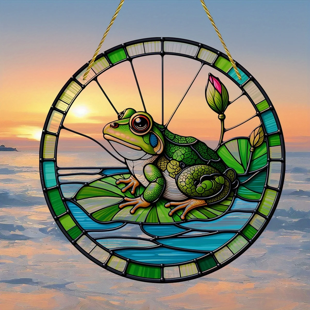 Acrylic Painting Green Frog on Lily Pad Stained Glass Style Round Wall Decor, 2D Flat Printing Pond Wildlife Window Hanging Sign