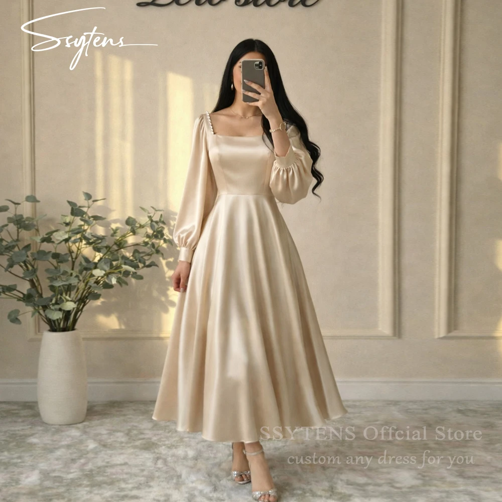 

SSYTENS Champagne Evening Dresses Customized A-Line Square Neckline Long Sleeves Floor-Length Long Dresses Wedding Party Dress
