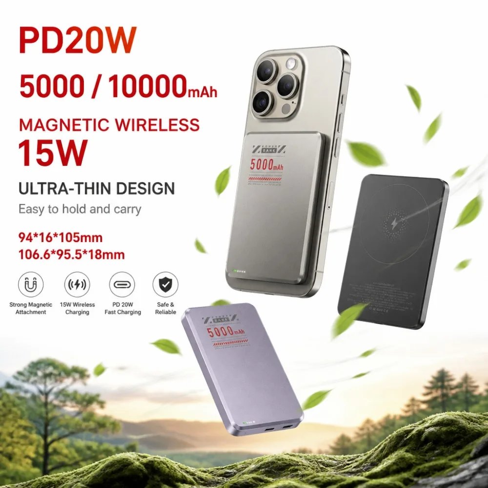 Ultra-Thin Magnetic Wireless Power Bank 5000/10000mAh Fast Charging Mini Travel Charger Aluminum Alloy Battery for All Phones