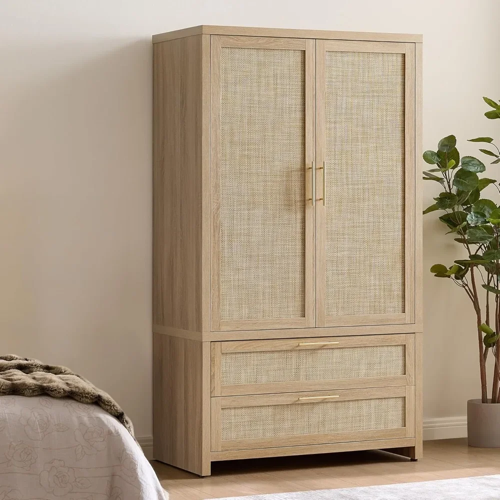 

Rattan Armoire Wardrobe Closet Cabinet, 71 Wardrobe Storage Cabinet with 2 Drawers, and Hanging Rod, Large-Capacity