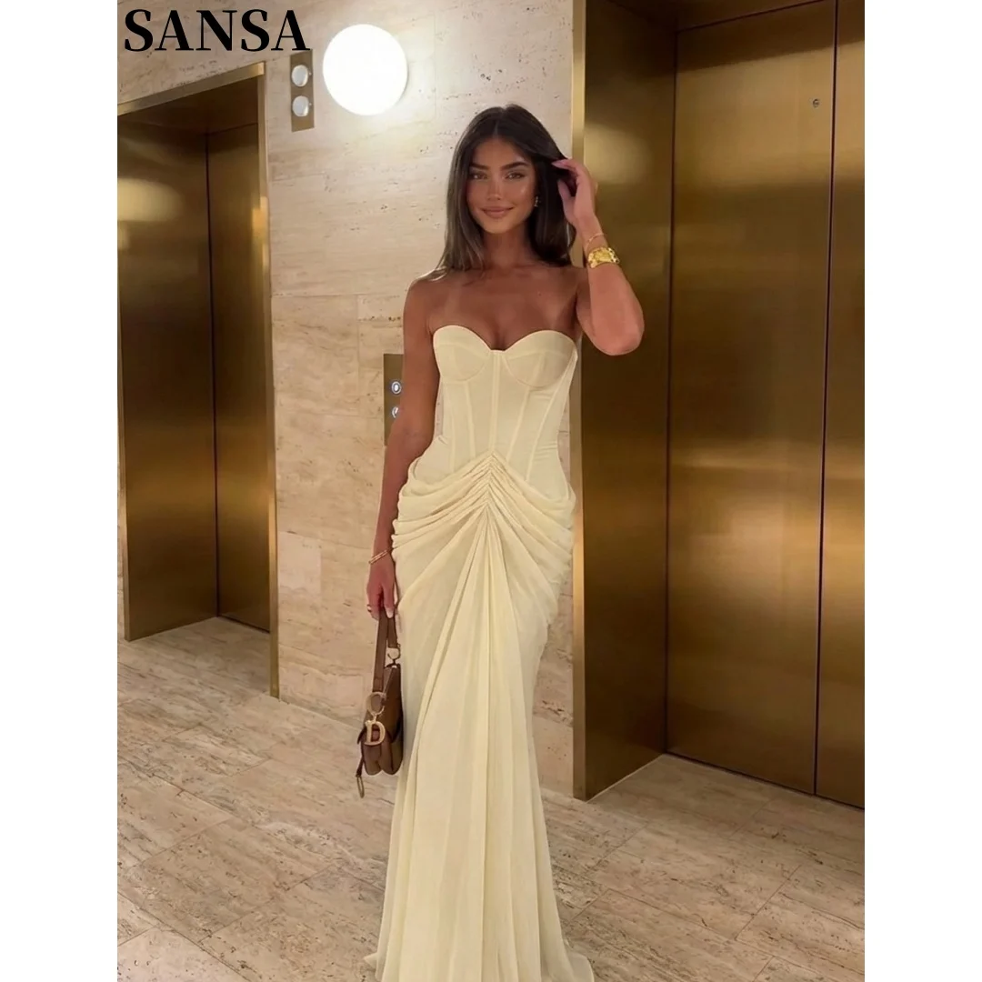 Sansa Customized Cream Strapless Sweetheart Corset Mermaid Dress Front Central Ruched Chiffon Long Formal Prom Evening Gown 2026