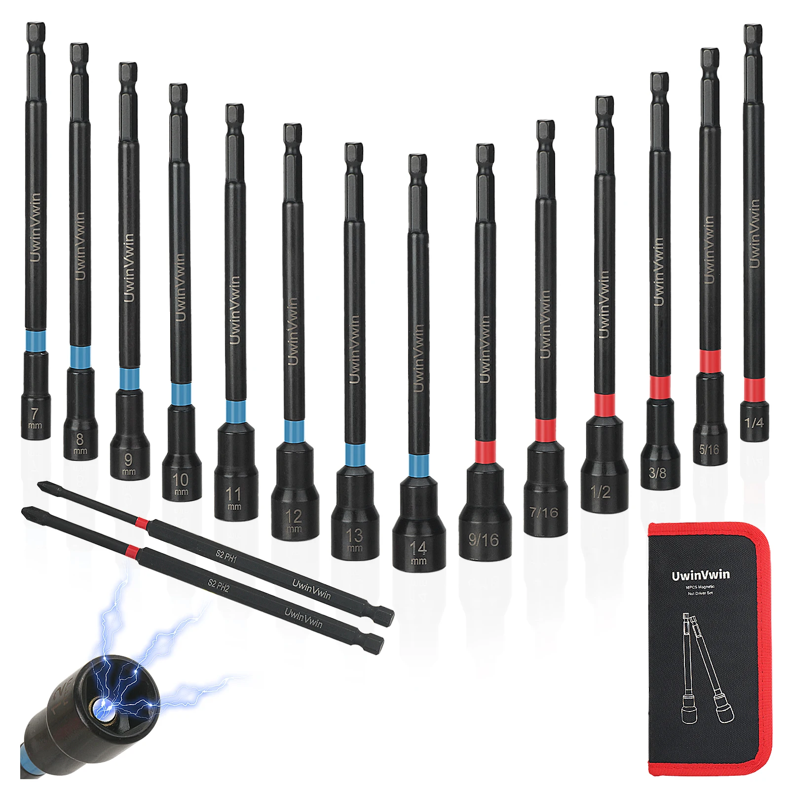 16PCS Magnetic Nut Driver Set, SAE & Metric Nut Driver Set with 6 inch Long Shank Nut Drivers for Impact Drills, 1/4
