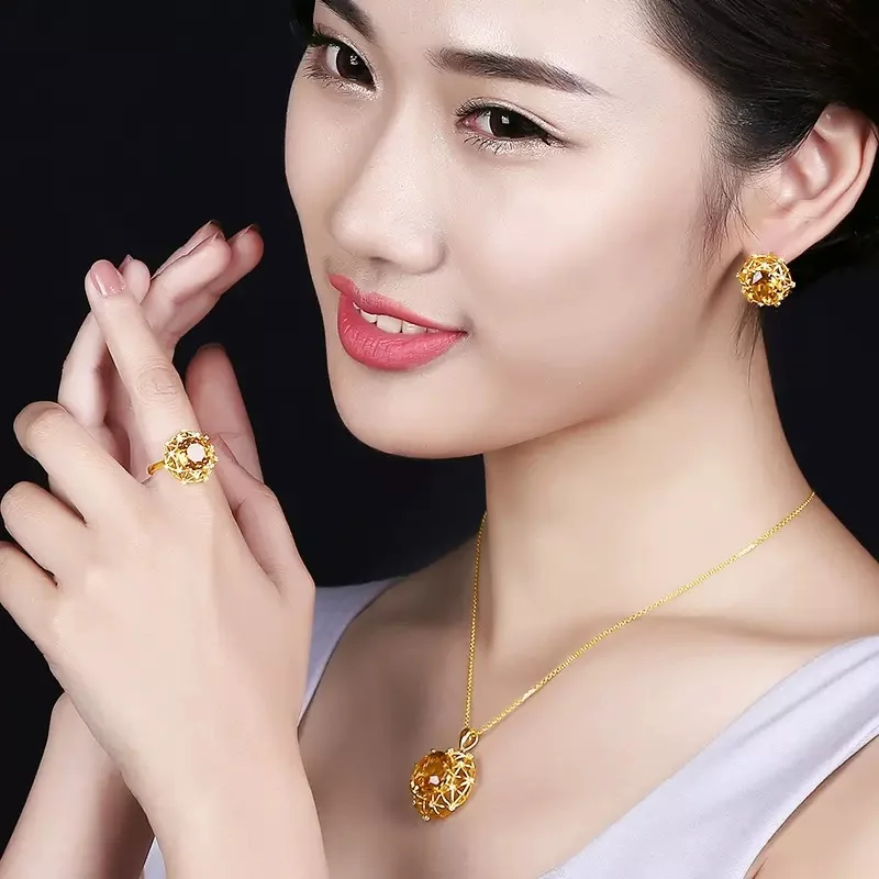 Exaggerated 10-carat oversized imitation natural yellow crystal ring, earrings, necklace set, suitable for women's wedding, fash
