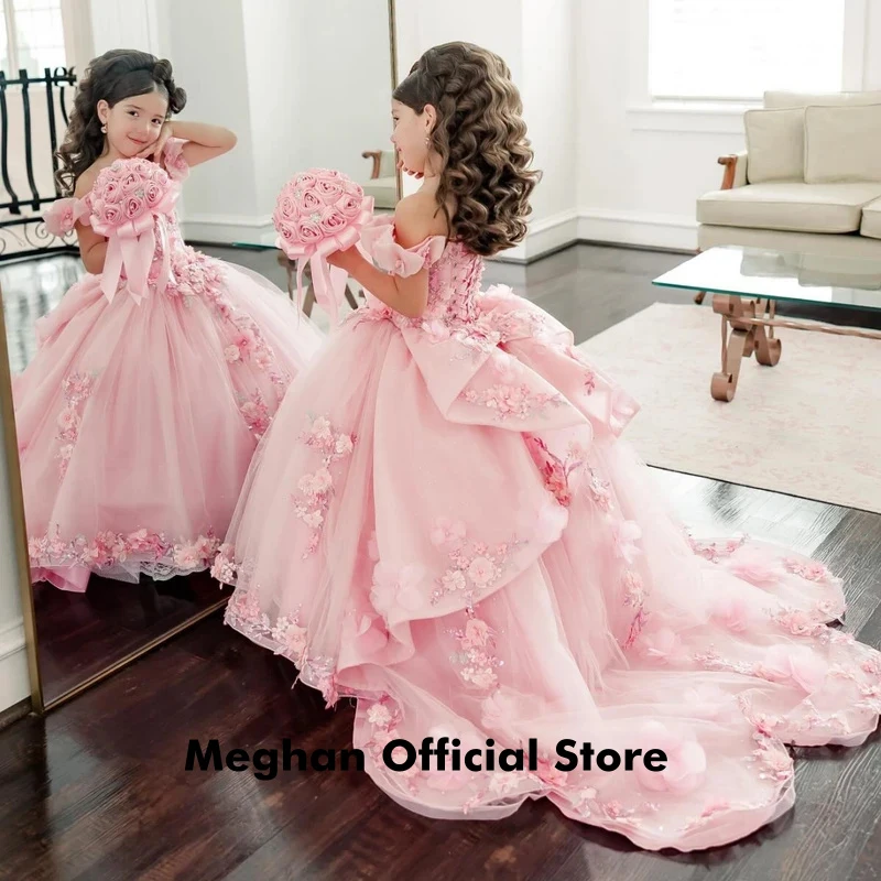 

Customized Pink Flower Girl Dress Tulle Floral Appliques Tiered For Wedding Birthday Party Prom Evening Banquet Princess Gown