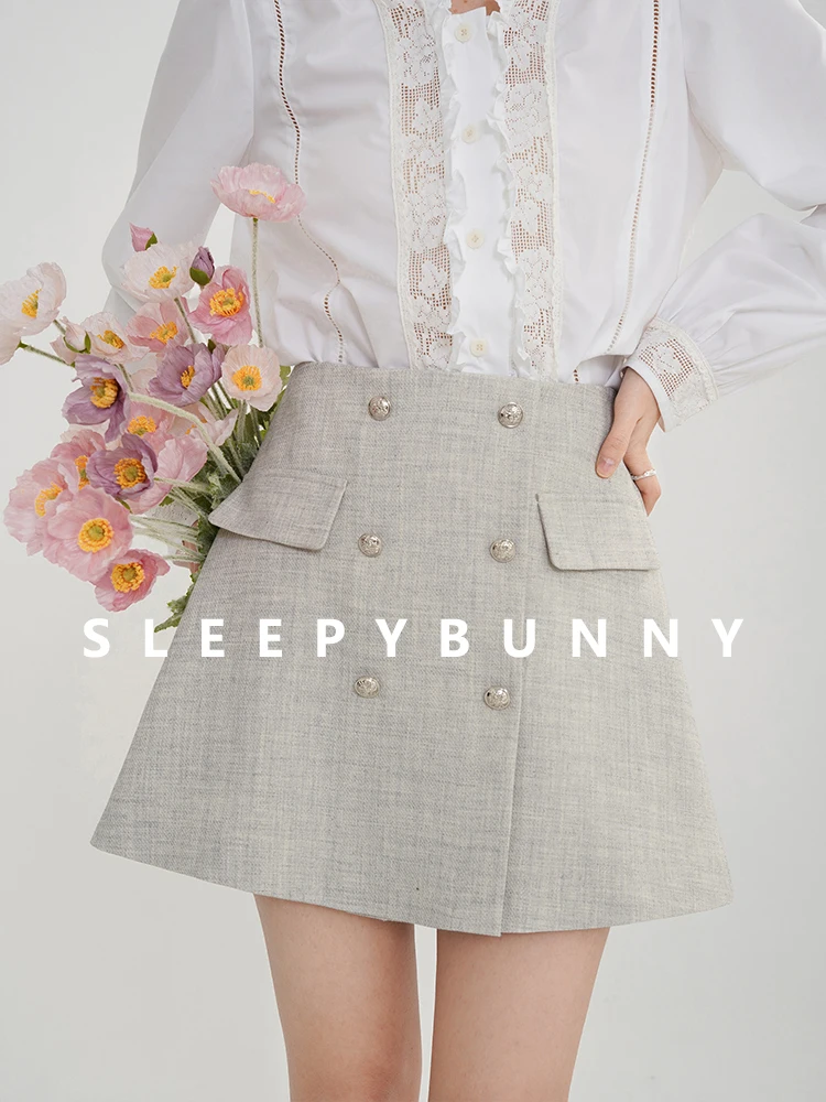 

High Waist Double Breasted Mini Skirt Women Slim Fit A-Line Short Skirt Korean Preppy Style Gray Skirt Spring Casual Office Look