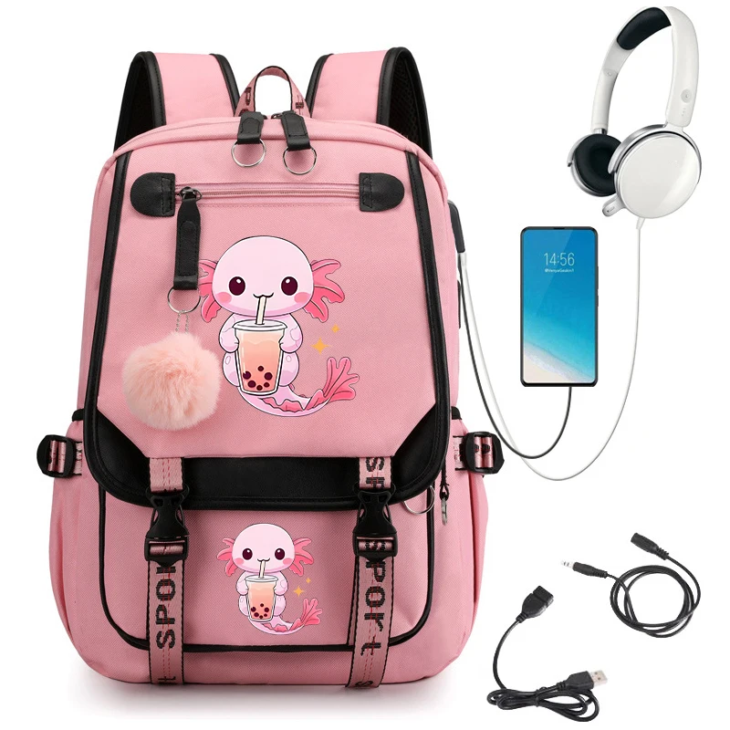 Sac à dos Boba Axolotl Bubble Tea Anime Cartoon pour filles, sacs d'école pour étudiants, sacs à dos de voyage pour ordinateur portable pour adolescents