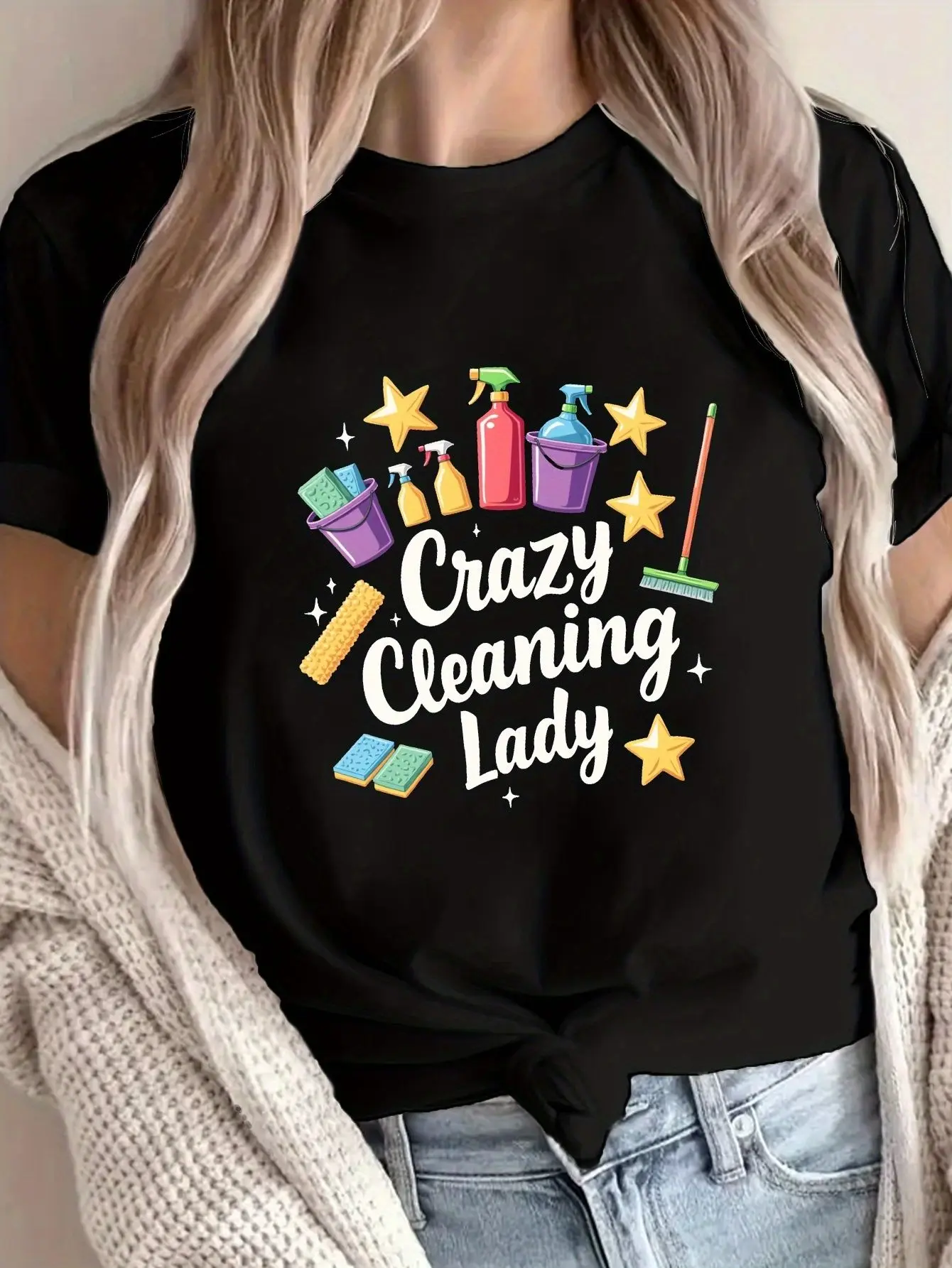 Crazy Cleaning Lady print t-shirt, short sleeve crew neck casual top for summer & spring, Women's clothing