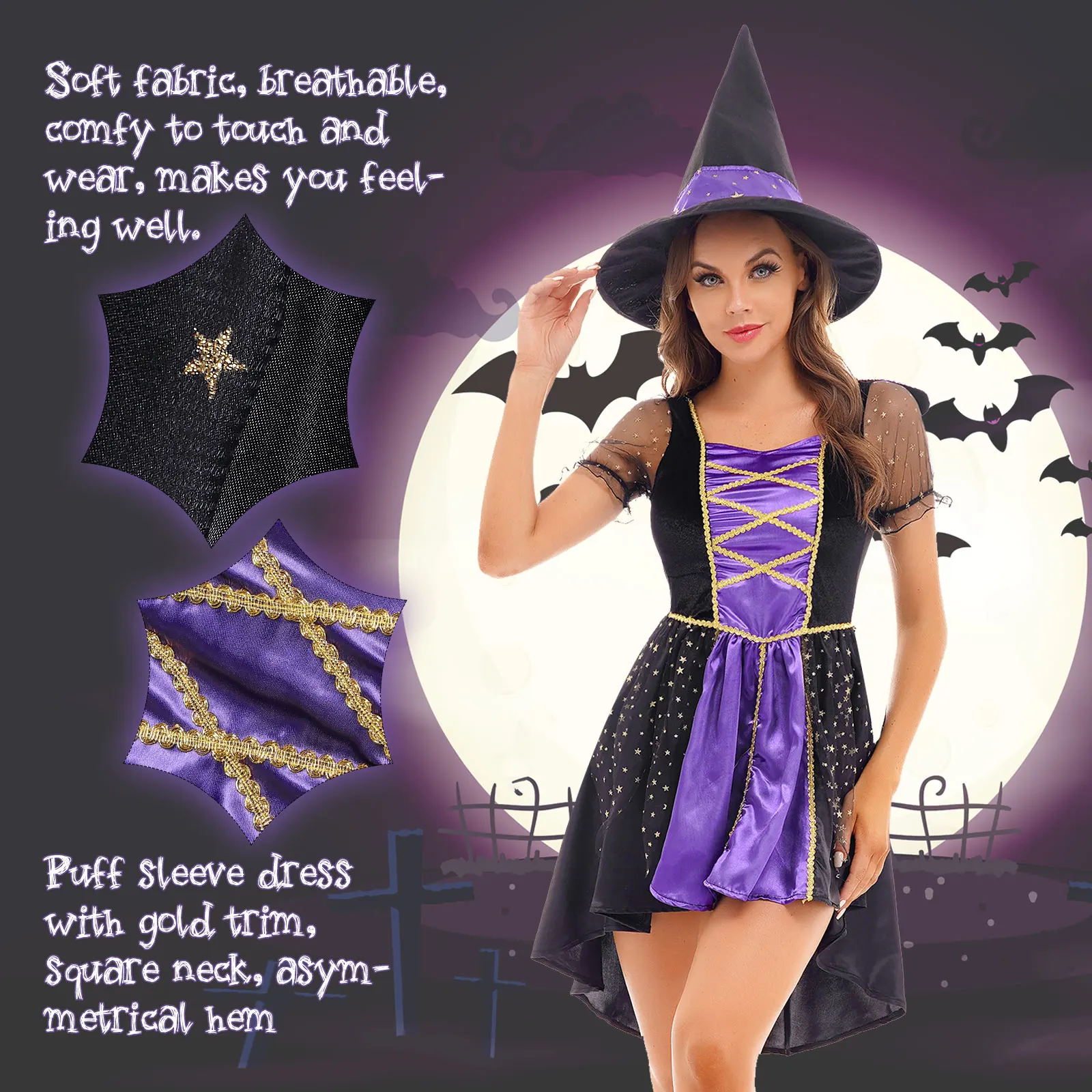 Women's Halloween Witch Costume Sparkly Carnival Cosplay Dress Pointed Hat Tuxedo Magic Sorceress Playsuit Cosplay Party Dress