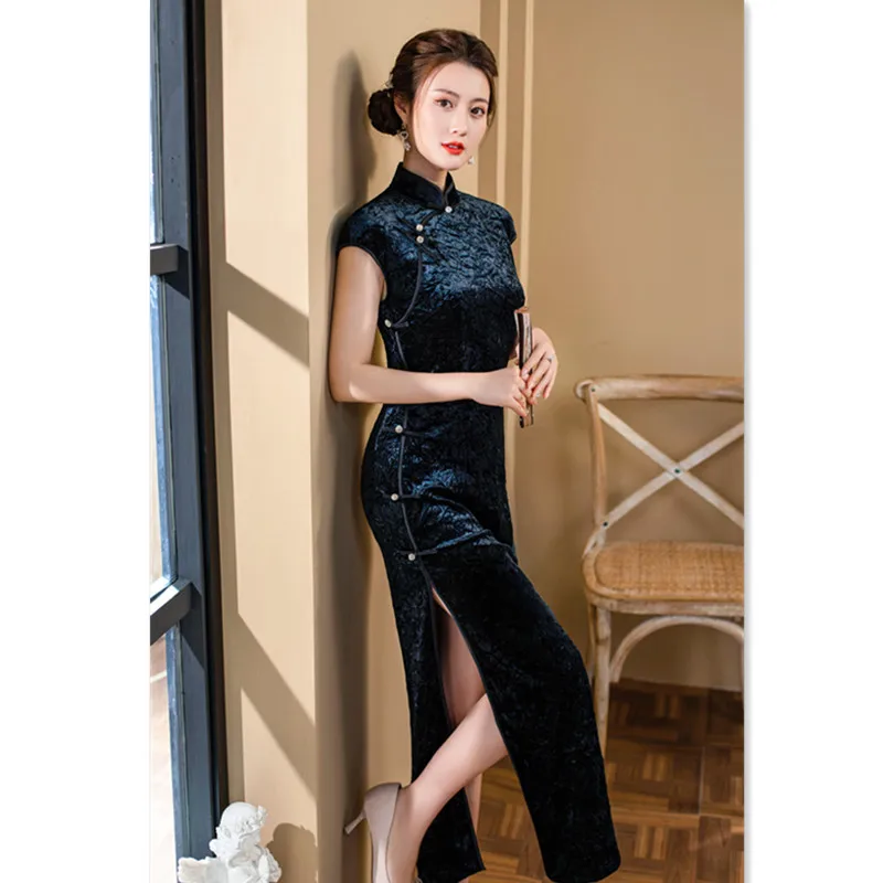 

Old Shanghai Retro Ethnic Style Women's Long Cheongsam 2024 Spring/Summer New Velvet Daily Qipao Cheongsam Dress