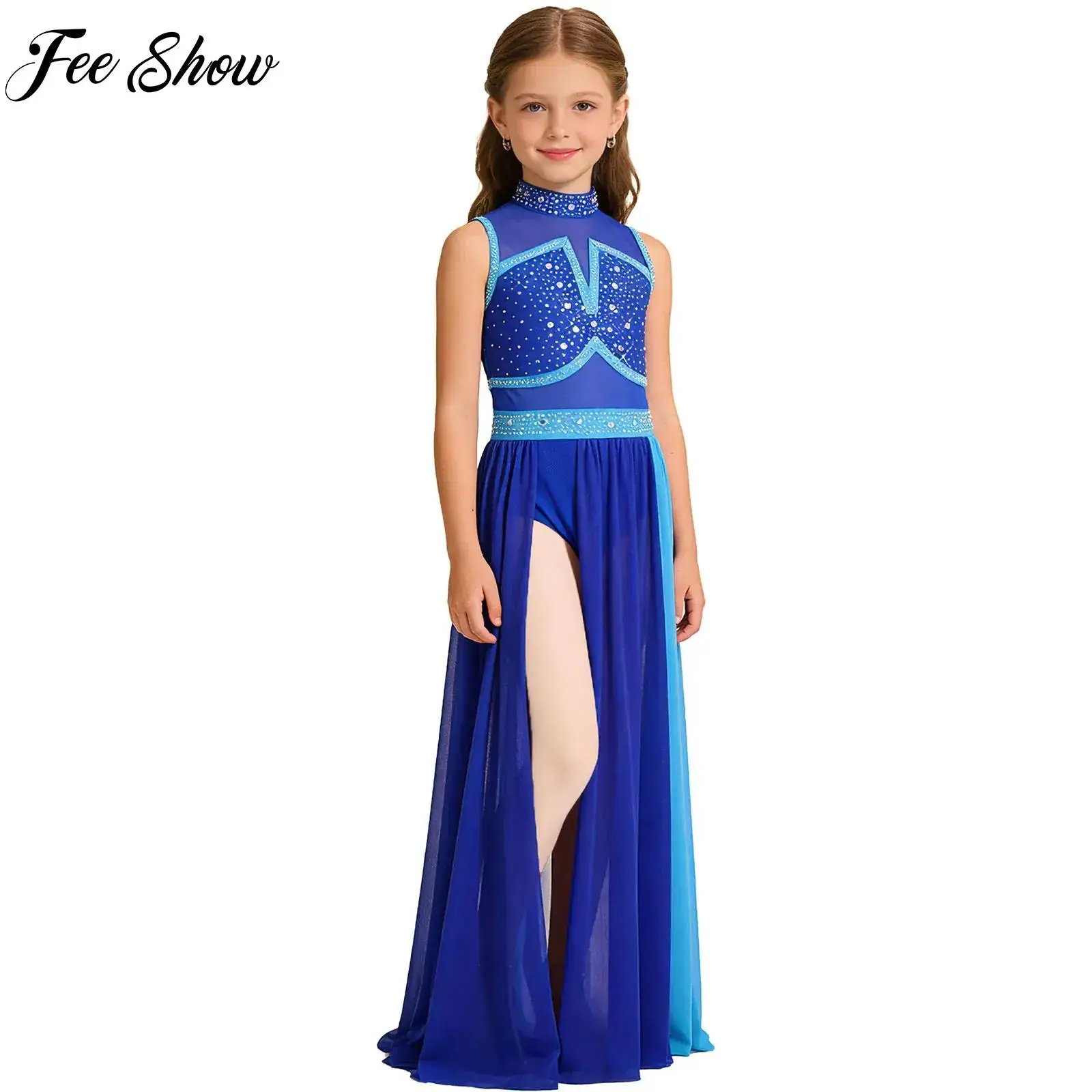 

Детский костюм для выступлений по лирическому танцу для девочек: балет, гимнастика, фигурное катание, танцевальная одежда, платье макси с сетчатыми вставками и стразами