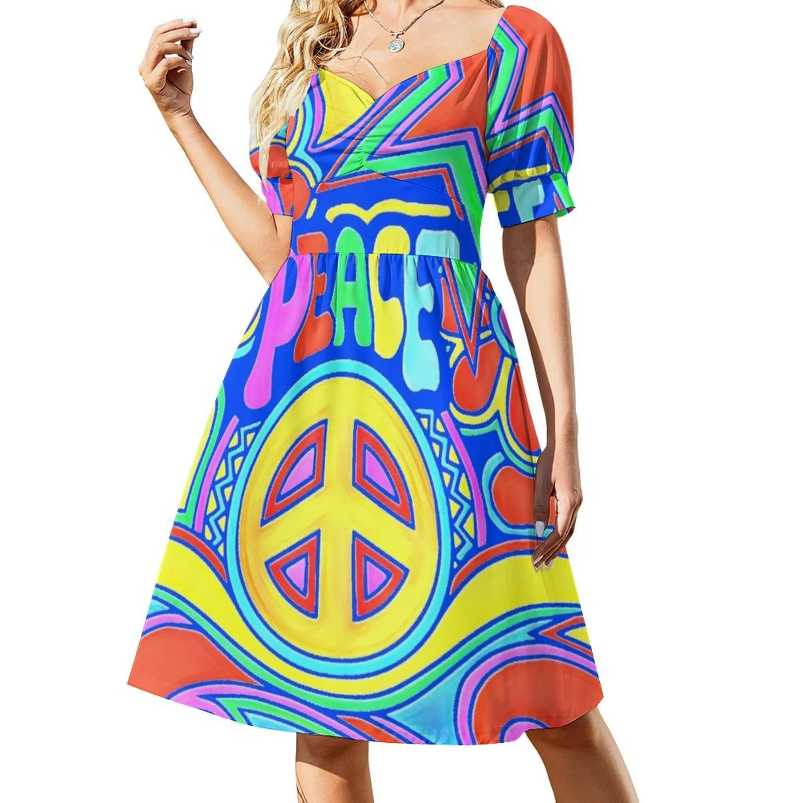 

Peace and love Flower Power Hippy Design Short Sleeved Dress women's fashion dresses women's elegant loose dresses Dress
