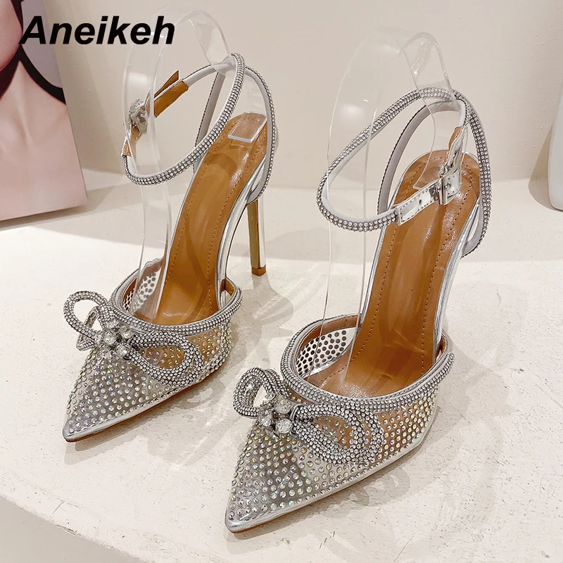 Aneikeh 2024 Sandals Heels Women Shoes Fashion Silver Butterfly-Knot Narrow Band Bling Cross-Tied Crystal Pointed Toe Pumps 42