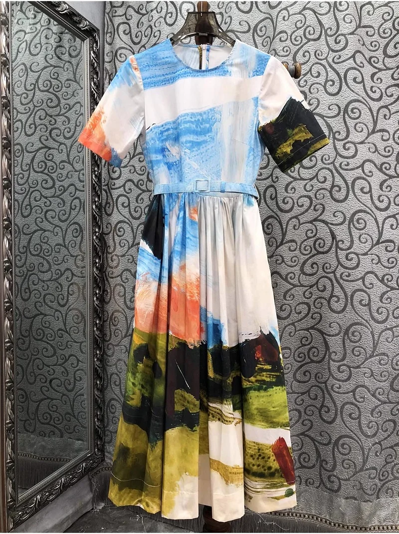 

100%Cotton Dress 2024 Summer Fashion Dress Luxury Clothing Women Vintage Oil Painting Prints Belted Short Sleeve Mid-Calf Dress