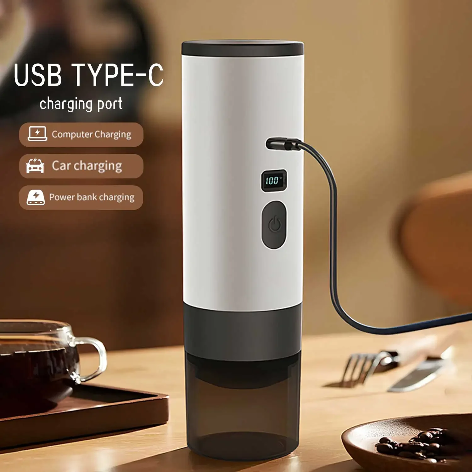 휴대용 전기 커피 메이커 3-in-1 캡슐 커피 그라인더 자동차 및 홈 캠핑을위한 무선 난방 장치가있는 여행용 커피 메이커